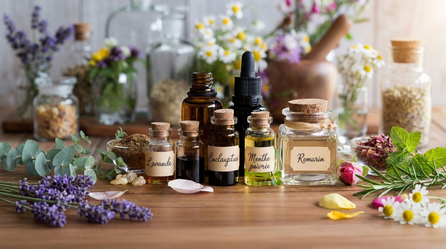 Gros plan sur l'étiquette détaillée d'un flacon d'huile essentielle mentionnant le chémotype et le label bio