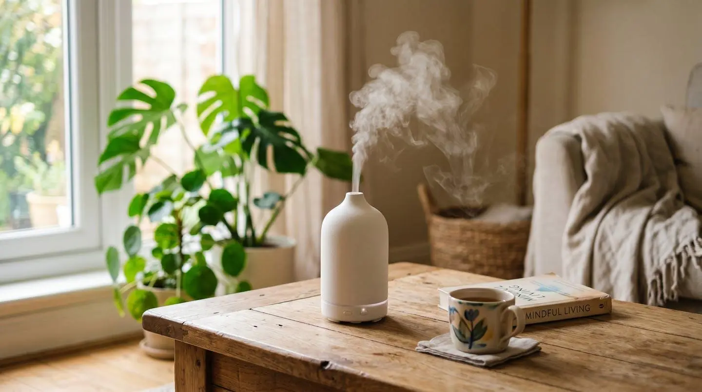 Diffuseur d'huiles essentielles ultrasonique diffusant une légère vapeur dans une pièce lumineuse et apaisante
