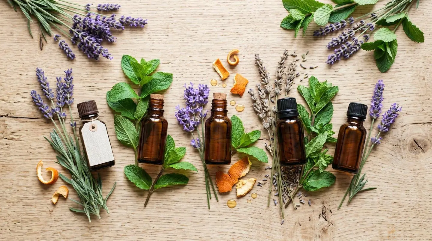 Flacons d'huiles essentielles bio posés sur des plantes aromatiques fraîches, lumière naturelle douce